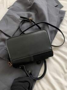 Women's Square Handbag With Dual-Color Plaid Patchwork Design, Fashionable, Elegant, Minimalist, Crossbody, Black - Black - View 6