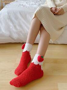 1/4 双厚羊毛小腿袜，可爱水果图案保暖透气女士袜子，适合圣诞节 - 彩色 - 查看 2