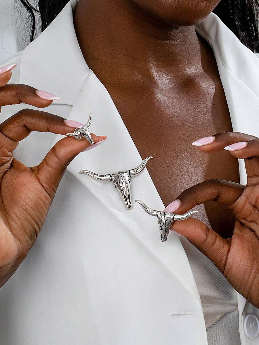 1 件波西米亚西部哥特式复古合金牛头胸针，耐用且用途广泛，适用于服装、包包或帽子，带扣时尚胸针 - 古金色 - 查看 1