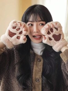 1 Pair Of Cute Cat Claw Fingerless Gloves, Thick, Warm, And Cold Resistant Plush Gloves, Suitable For Daily Use By Winter Girls, With A Rope