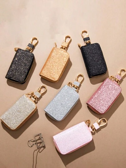 Portallaves de coche, bolsa de almacenamiento uniforme para llaves de coche, llavero creativo, estuche protector brillante para llaves de coche, cierre con cremallera , bolsa de cintura de moda protectora de llaves de coche, unisex, mini billetera
