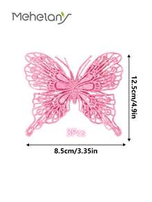 3 件/包 10 厘米 3.94 英寸单个尺寸人造粉红蝴蝶装饰，仿真闪光镂空 3D 双层蝴蝶用于装饰圣诞树、圣诞花环、圣诞礼物包装、DIY 插花工艺装饰窗户、壁炉、门廊、阳台、花园 - 粉色 - 查看 3