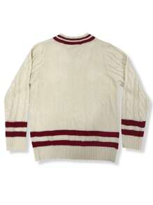 Suéter de cuello en V para hombre, suéter de tenis grueso, suelto, a la moda, con punto trenzado, cálido - Beis - Ver 4