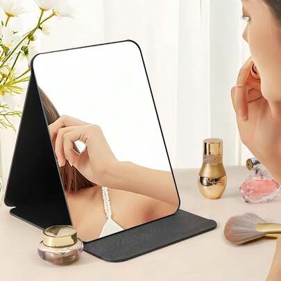 1pc Minimalist Bathroom Makeup Mirror, Portable Tabletop Vanity Mirror, Desktop Office Home Standing Mirror, Handheld Cosmetic Mirror, Adjustable Vanity Mirror, Student Dorm Dressing Table Mirror, Foldable Leather Mirror, Home Decor, Room Decor, Bathroom Accessory