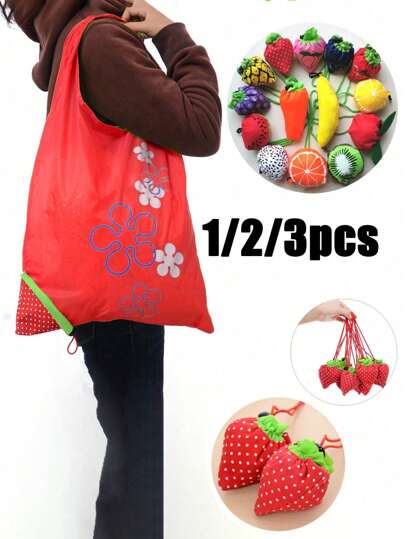 1/2/3pcs Reusable Shopping Bags, Creative Fruit Design Shoulder Tote Bags, Foldable Strawberry Shaped Handbag, Suitable For Shopping, Travel, Office, Kitchen Organization, And Adorable Strawberry Wallet