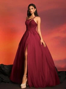 Đầm dạ hội maxi màu đỏ tía, cổ lệch vai, đính sequin, thích hợp cho tiệc cưới, lễ tốt nghiệp, tiệc tối, phong cách thanh lịch mùa xuân. - Màu Đỏ Sâu - Xem 4