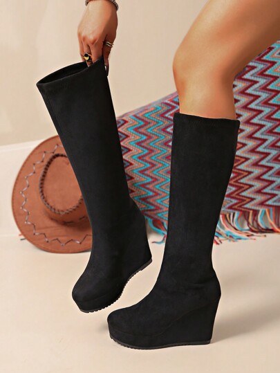 Fashion Match Hoodie,Women's Platform Knee-High Boots, Suede Material, Bohemian Style, Winter Boots, Super High Heels, Retro Boots, Thick Heel, Round Toe, Versatile Boots, Platform Sole