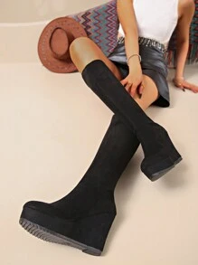 Fashion Match Hoodie,Women's Platform Knee-High Boots, Suede Material, Bohemian Style, Winter Boots, Super High Heels, Retro Boots, Thick Heel, Round Toe, Versatile Boots, Platform Sole - Black - View 6