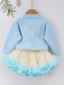 2pcs/Set Young Girl Heart Sequin Long Sleeve Sweater Cardigan + Fluffy Knit Tutu Skirt, Casual Loose Style - Blue - View 2