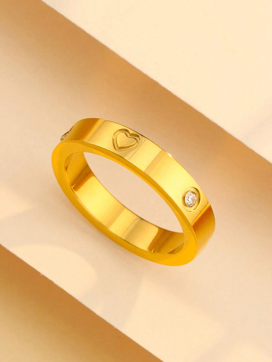 1 pieza Anillo de amor clásico de 5 mm de ancho, juego de anillos de pareja con circonita cúbica redonda con forma de corazón, de acero inoxidable dorado, para mujer, Día de San Valentín - Dorado - Ver 1