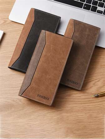 1 pieza Cartera larga de hombre con material cepillado y empalme, súper delgada, gran capacidad, múltiples ranuras para tarjetas, billetera plegable de alta gama, adecuada para adolescentes, uso casual, deportivo, vacaciones, viajes, regalos de graduación, accesorios de vestir formales/de negocios