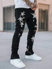 男式主题破洞拉链下摆牛仔裤 - 黑色 - 查看 3