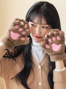 1 Pair Of Cute Cat Claw Fingerless Gloves, Thick, Warm, And Cold Resistant Plush Gloves, Suitable For Daily Use By Winter Girls, With A Rope