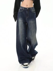 Teen Girls Vintage Dark Blue Wide Leg Loose Fit Washed Baggy Denim Jeans