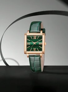 5PCS Ladies' Green PU Leather Dtrap Fashionable Casual Retro Simple Scale Square Dial Quartz Watch Bracelet Set For Daily Wear Decoration Or Gift Giving