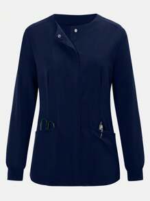 女式皱褶前部手术服制服夹克，带口袋，长袖紧身束腰外衣 - 藏蓝色 - 查看 4