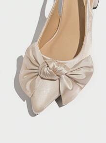 Women's Pointed Toe Slip-On High Heel Shoes With Bow Decor, Solid Color Chunky Heel Pumps, Elegant And Comfortable For Daily Wear, Versatile For Outdoor, Commute, Party, Formal Occasions, Autumn/Winter, Beige Satin High Heels, Suitable For Christmas, Music Festivals, Mother's Day - Beige - View 6