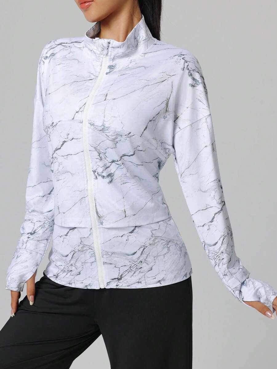 Women Casual Marble Print Long Sleeve Sports Jacket With Thumb Hole