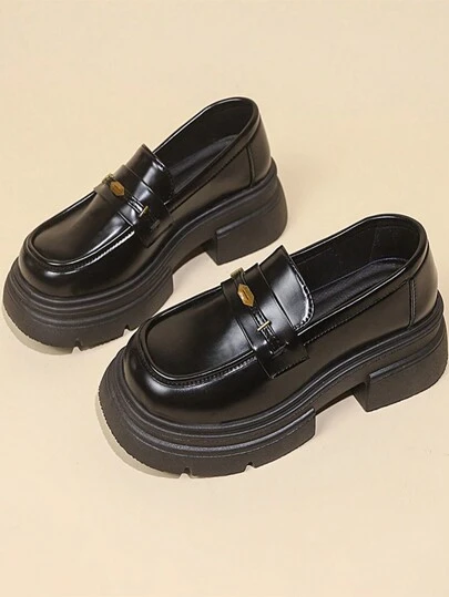 Women's Platform Slip-On Loafers, Black Color, Fashion And Comfortable Oxford Shoes, Vintage British Style, Suitable For Daily Wear