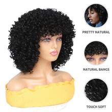 Peruca curta cacheada feminina de 12 polegadas com franja, peruca sintética afro crespa cacheada resistente ao calor, adequada para uso diário, natal, ano novo, carnaval, festival de música - Preto - Ver 4