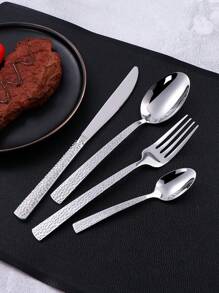4件套不锈钢锤纹手柄餐具套装，含牛排刀、叉、勺，学校用品