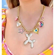 Collar de joyería con colgante de formas variadas (flor, caballo, ojo malvado, perro grande, caramelo, arcoíris, oso, cerradura, té, leche, píldora) con conector de circonita cúbica con micro pavé, broche de tornillo chapado en oro de 18K, estilo bohemio, para mujer