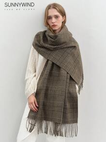 1 件双面厚款小千鸟格图案围巾披肩，高品质，适合秋冬季 - 棕色 - 查看 1