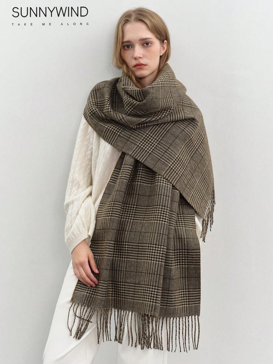 1 件双面厚款小千鸟格图案围巾披肩，高品质，适合秋冬季 - 棕色 - 查看 1