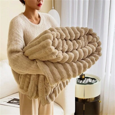 1pc Soft Faux Rabbit Fur Blanket, Solid Striped Pattern, Suitable For Bedroom, Sofa, 4 Seasons Use