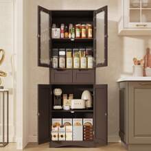 67" Tall Kitchen Pantry Cabinet, Freestanding Storage Cabinet With Glass Door & 2 Shelves & 2 Drawers, New Year Gift Linen Storage Cabinet For Home, Bathroom, Living Room, Office - Dark Brown - View 3