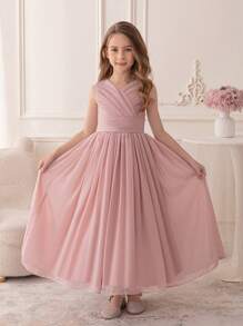 Teen Girl Pink Chiffon Dress Party Wedding Long Gown