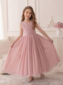 Teen Girl Pink Chiffon Dress Party Wedding Long Gown
