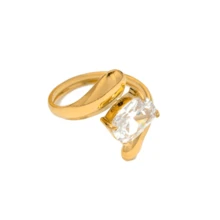 VKHK 1 件复古 18K 镀金不锈钢大号椭圆形水晶开口戒指女士时尚婚礼珠宝礼物 - 金黃色 - 查看 4