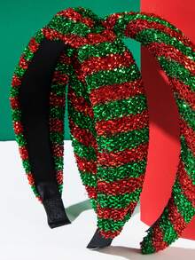 1pc Christmas Headband Striped Ribbon Bowknot Top Hairband, Shiny Tinsel Decor Party Hair Accessory For Women, Fashion Headpiece - Multicolor - View 8