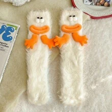 1 Pair Ultra Thick Thermal Lined Socks, Unisex Casual Sports Socks For Winter, Snow Socks, Warm Thermal Mid-Calf Socks, Funny Face Plush Long Tube Slippers Socks, Extra Thick Sleep Socks, Cute Furry Snow Socks, Thick Warm Floor Socks, Fluffy Couple Socks, Adorable Warm Socks, Creative Gift For Family And Friends