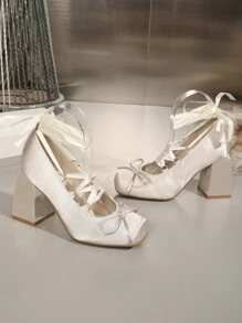 OMS Zapatos de tacón de aguja de moda para mujer, tacones altos cuadrados tipo slip-on para fiesta/boda, con decoración de lazo, Colección 2024 San Valentín