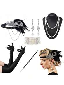 D EXCEED 6 件 20 世纪 20 年代女式飞来波女郎了不起的盖茨比配饰套装咆哮的 20 年代主题复古时尚派对查尔斯顿化装舞会万圣节装饰礼物化妆舞会角色扮演带人造羽毛头带舞会 - 多色 - 查看 24