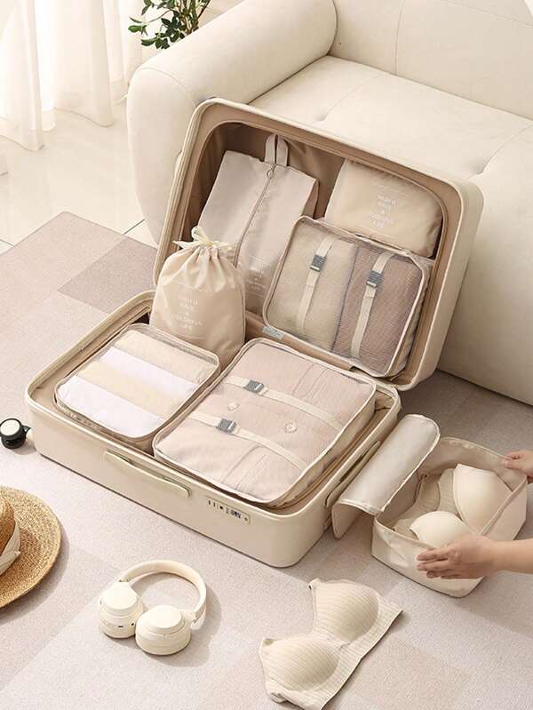 7 pièces/Set Cubes d'emballage Organisateurs de bagages, Sac de toilette pliable de voyage, Pochettes de compression de lessive portables, Cadeau pour Noël et fournitures pour la rentrée scolaire