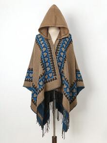 1pc Warm & Comfortable Heart Pattern Hooded Fringed Poncho Shawl - Multicolor - View 6