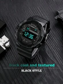 Teenage Boys' Black Tech Shock-Resistant Night Light Sports Electronic Watch For Students