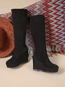 2024 Jesień/Zima Nowe Kozaki do Kolan Dla Niskich Kobiet, Modne, Smukłe, Wysokie Obcasy, Czarne, Elastyczne Kozaki do Uda, Uniwersalne - Czarne - Zobacz 5