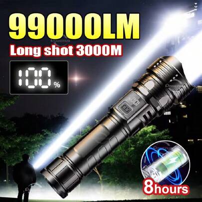 99000LM Powerful LED Flashlight Ultra Bright Tactical Light Emergency Spotlight Long Range Zoom Torch Fishing Lamp With Built-In Battery