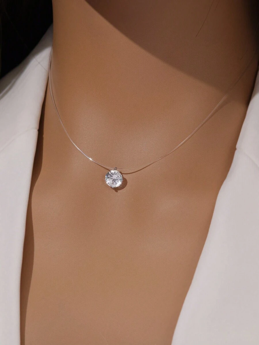 ELSEDES 1pc Handmade S925 Sterling Silver Sparkling Gemstone Transparent Circle Pendant Necklace, Highlighting Personalized Fashion, Quality Jewelry Suitable For Women's Daily, Party And Date Outfit - Silver - View 1