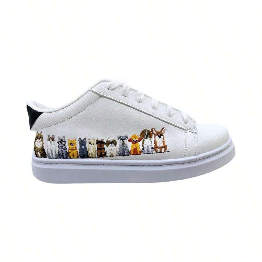 Embroidered Dog And Cat Tennis Shoes - White - View 1