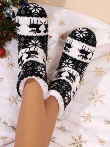 Dép đi trong nhà đế bằng họa tiết hươu mềm mại, êm ái dành cho nữ mùa thu, dép đi trong nhà màu đen, dép đi trong nhà mùa đông, dép đi trong nhà Giáng sinh - màu đen - Xem 4