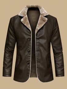 Men's Distressed Fleece Lining PU Leather Jacket, Multi-Pocket Street Style Retro Classic Windproof Bomber Jacket