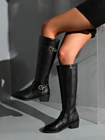 Women's Solid Black Knee-High Boots, Metal Buckle Design Side Zipper Cool Knight Boots, Punk Goth Pointed Toe Chunky Heel Fashion Boots, Autumn/Winter