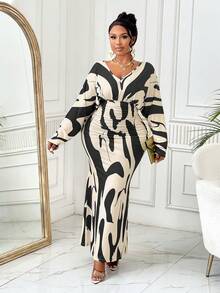 BIUBIU Plus Size Women's Solid Color Waist Ruched Batwing Sleeve Dress, Geometric Pattern Outdoor Clothing - Apricot Black Flower - View 5