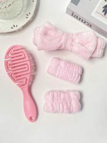 4 món phụ kiện tóc màu hồng cho nữ vào mùa thu đông, dây buộc tóc và vòng đeo tay bằng vải nhung, mềm mại, không để lại dấu vết, chống trượt, tóc bông, chống tĩnh điện, đầu tròn, lược massage hình lưng, du lịch tại nhà, đỉnh đầu cao, áp lực tóc, rửa mặt, tắm, phụ kiện tóc - Hồng - Xem 1