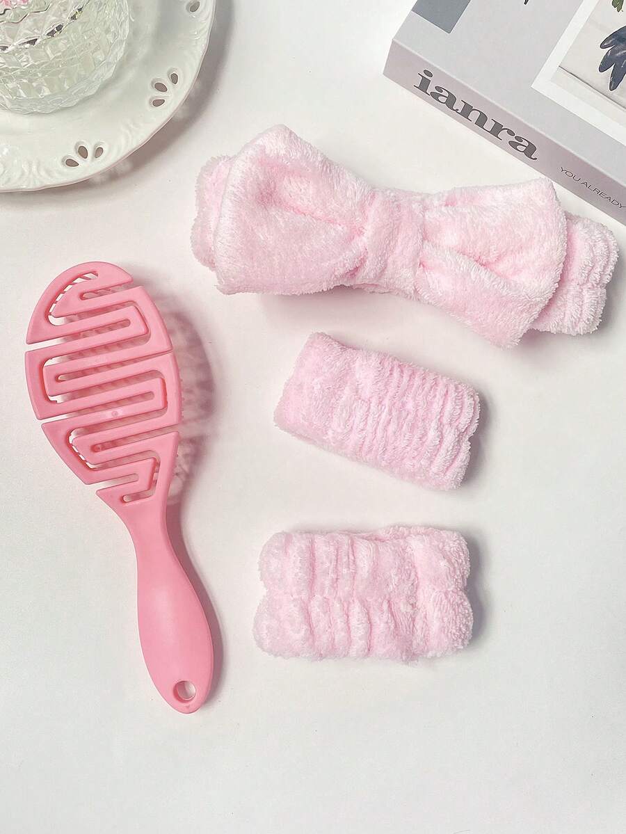 4 món phụ kiện tóc màu hồng cho nữ vào mùa thu đông, dây buộc tóc và vòng đeo tay bằng vải nhung, mềm mại, không để lại dấu vết, chống trượt, tóc bông, chống tĩnh điện, đầu tròn, lược massage hình lưng, du lịch tại nhà, đỉnh đầu cao, áp lực tóc, rửa mặt, tắm, phụ kiện tóc - Hồng - Xem 1